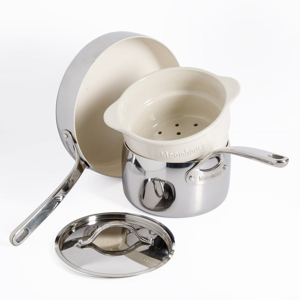 gibson home Bloomhouse 4-Piece Triply Stainless Steel Cookware Set w/ Non-Stick Non-Toxic Ceramic Interior and Ceramic Steamer Insert