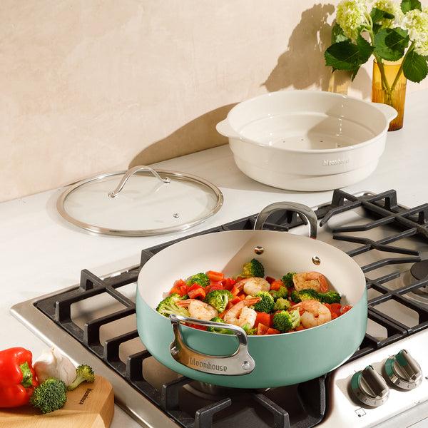 Gibson Home Bloomhouse 6-QT Aluminum Enamel Everyday Pan W/Non-Stick Non-Toxic Ceramic Interior And Ceramic Steamer Insert