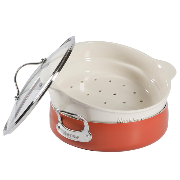Gibson Home Bloomhouse 6-QT Aluminum Enamel Everyday Pan W/Non-Stick Non-Toxic Ceramic Interior And Ceramic Steamer Insert