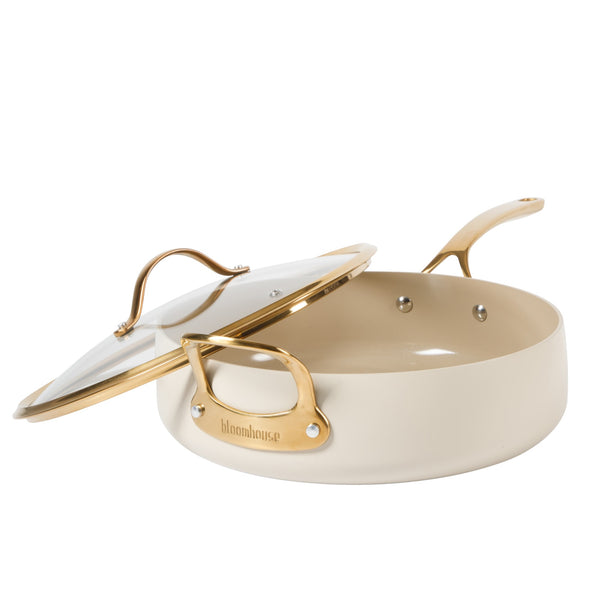 Gibson Home Bloomhouse 6 QT Heavy Duty Aluminum Premium PFA Free Ceramic Nonstick Saute/Deep Frying Pan Skillet With Lid - Linen White With Gold Handle