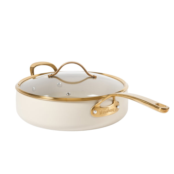 Gibson Home Bloomhouse 6 QT Heavy Duty Aluminum Premium PFA Free Ceramic Nonstick Saute/Deep Frying Pan Skillet With Lid - Linen White With Gold Handle