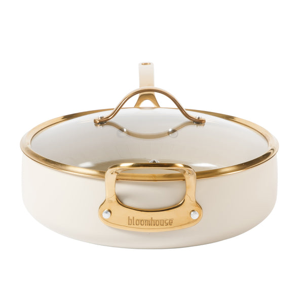 Gibson Home Bloomhouse 6 QT Heavy Duty Aluminum Premium PFA Free Ceramic Nonstick Saute/Deep Frying Pan Skillet With Lid - Linen White With Gold Handle
