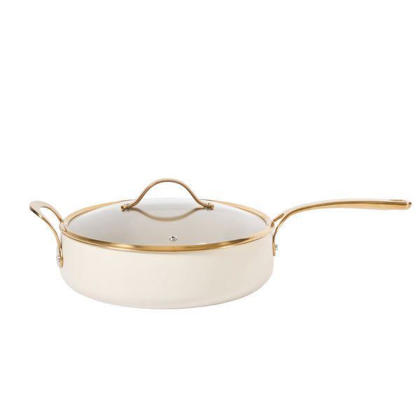 gibson home Bloomhouse 6 QT Heavy Duty Aluminum Premium PFA Free Ceramic Nonstick Saute/Deep Frying Pan Skillet with Lid - Linen White with Gold Handle
