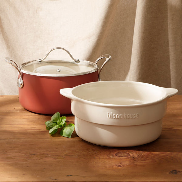 Gibson Home Bloomhouse 6-Quart Aluminum Enamel Dutch Oven W/ Non-Stick Non-Toxic Ceramic Interior And Ceramic Steamer Insert
