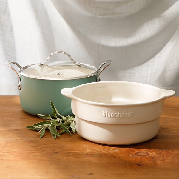 Gibson Home Bloomhouse 6-Quart Aluminum Enamel Dutch Oven W/ Non-Stick Non-Toxic Ceramic Interior And Ceramic Steamer Insert