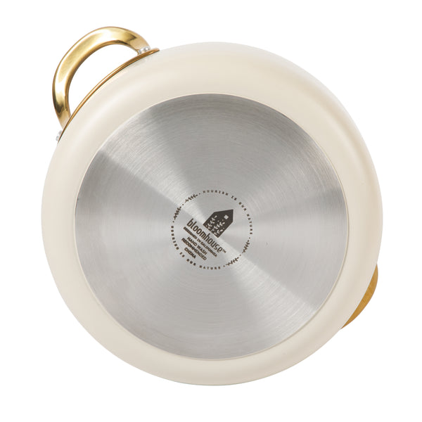 Gibson Home Bloomhouse 6 Quart Heavy Duty Aluminum Premium PFA Free Ceramic Nonstick Dutch Oven Pot With Lid - Linen White With Gold Handle