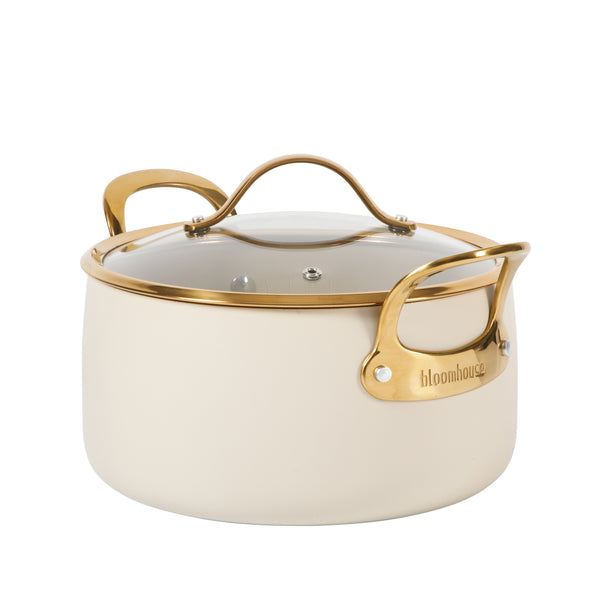 Gibson Home Bloomhouse 6 Quart Heavy Duty Aluminum Premium PFA Free Ceramic Nonstick Dutch Oven Pot With Lid - Linen White With Gold Handle
