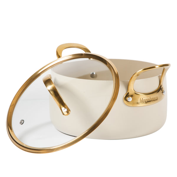 Gibson Home Bloomhouse 6 Quart Heavy Duty Aluminum Premium PFA Free Ceramic Nonstick Dutch Oven Pot With Lid - Linen White With Gold Handle