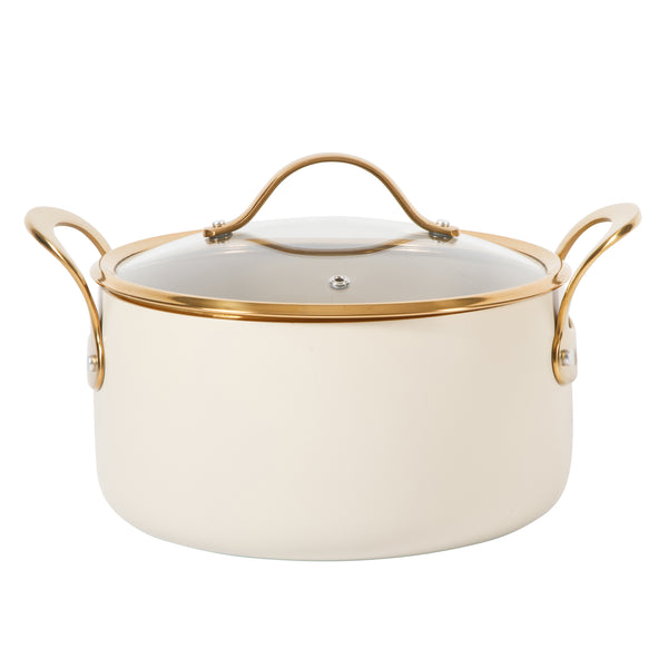 gibson home Bloomhouse 6 Quart Heavy Duty Aluminum Premium PFA Free Ceramic Nonstick Dutch Oven Pot with Lid - Linen White with Gold Handle
