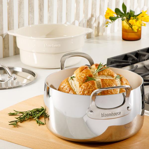 Gibson Home Bloomhouse 6-Quart Triply Stainless Steel Dutch Oven W/ Non-Stick Non-Toxic Ceramic Interior And Ceramic Steamer Insert