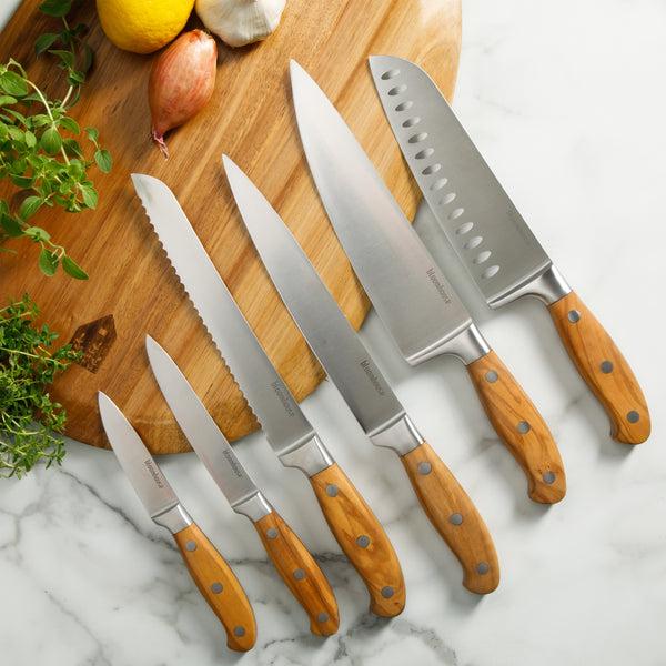 Gibson Home Bloomhouse 7 Piece Italian Olive Wood Knife Block Set W/ German Forged Steel Knives