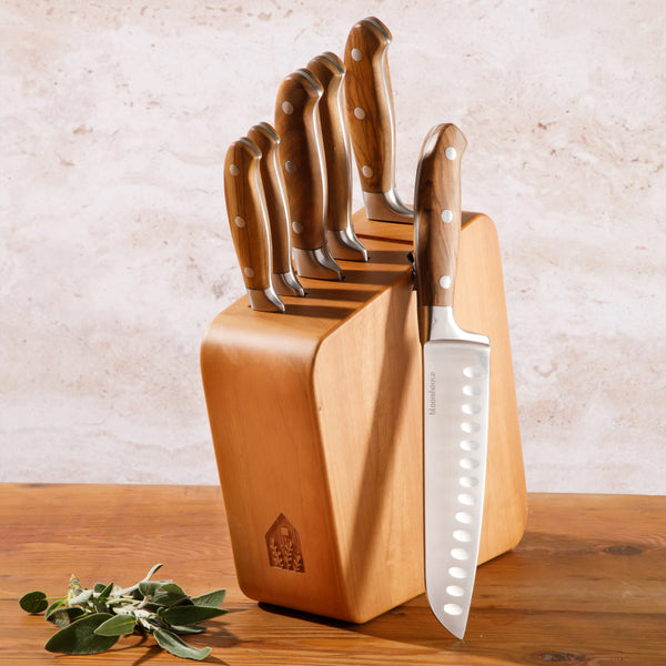 Gibson Home Bloomhouse 7 Piece Italian Olive Wood Knife Block Set W/ German Forged Steel Knives