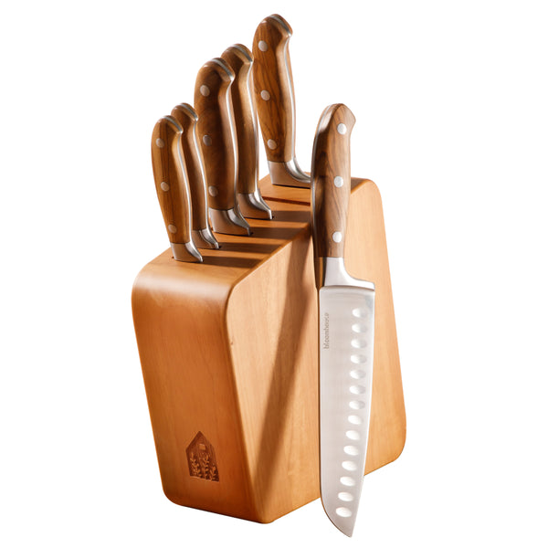 gibson home Bloomhouse 7 Piece Italian Olive Wood Knife Block Set w/ German Forged Steel Knives