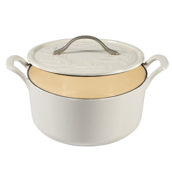 Gibson Home Bloomhouse 7 Qt Cast Iron Dutch Oven W/ Embossed Lid European Enamel & Walnut Wood Trivet