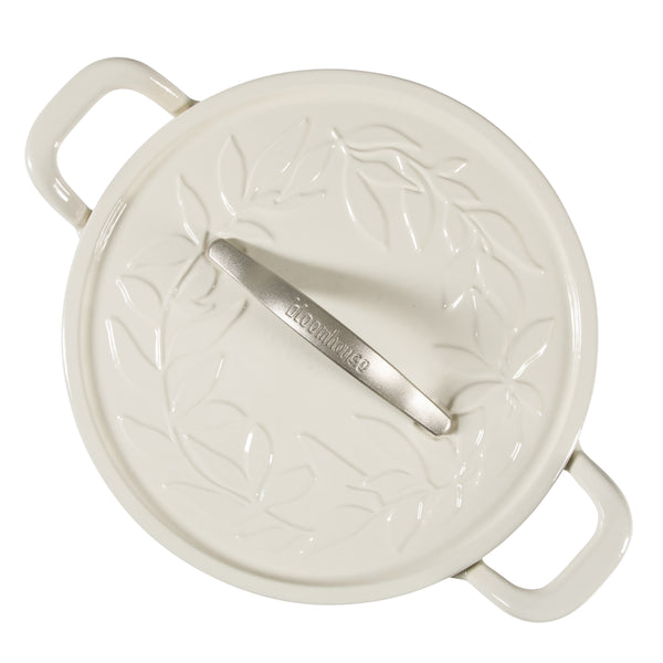 Gibson Home Bloomhouse 7 Qt Cast Iron Dutch Oven W/ Embossed Lid European Enamel & Walnut Wood Trivet