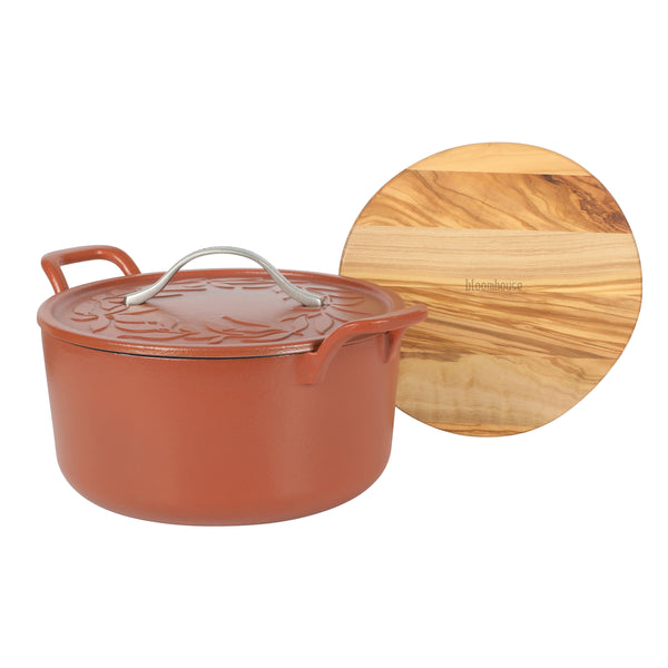 Gibson Home Bloomhouse 7 Qt Cast Iron Dutch Oven W/ Embossed Lid European Enamel & Olive Wood Trivet