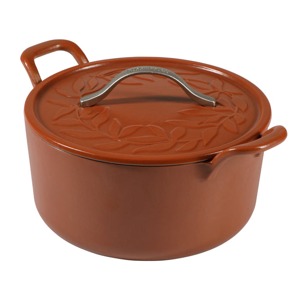 gibson home Bloomhouse 7 Qt Cast Iron Dutch Oven W/ Embossed Lid European Enamel & Olive Wood Trivet