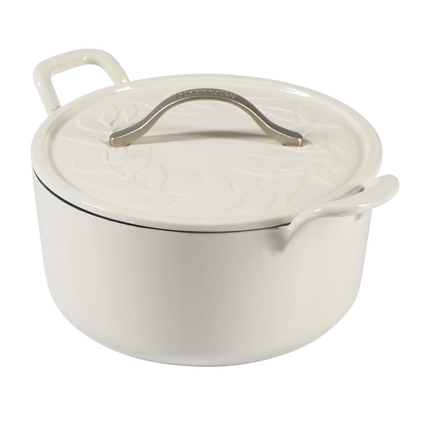 gibson home Bloomhouse 7 Qt Cast Iron Dutch Oven W/ Embossed Lid European Enamel & Walnut Wood Trivet