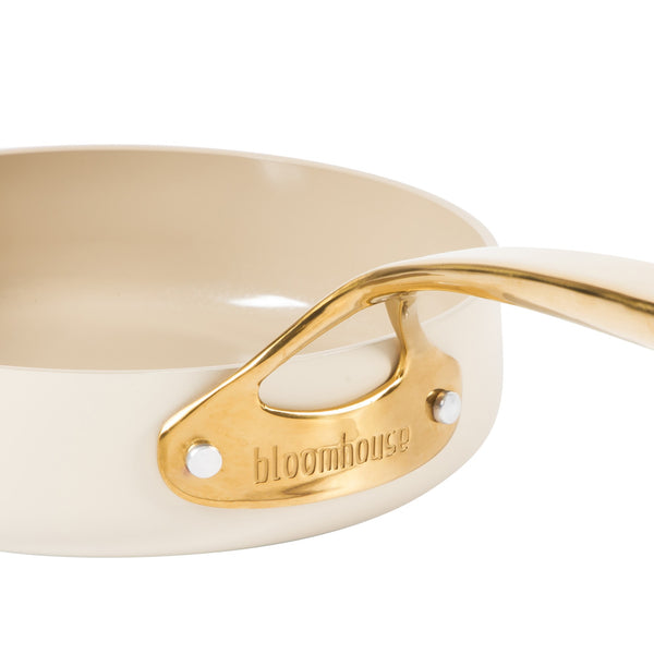 Gibson Home Bloomhouse 8 Inch Heavy Duty Aluminum Premium PFA Free Ceramic Nonstick Saute/Deep Frying Pan Skillet - Linen White With Gold Handle