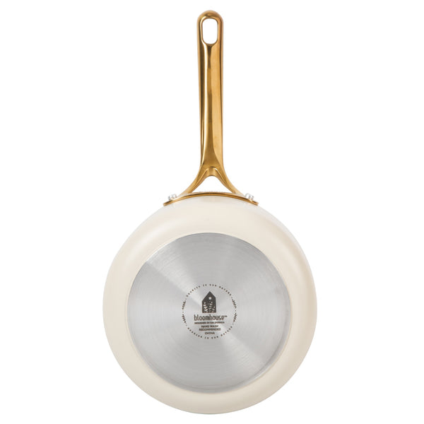 Gibson Home Bloomhouse 8 Inch Heavy Duty Aluminum Premium PFA Free Ceramic Nonstick Saute/Deep Frying Pan Skillet - Linen White With Gold Handle