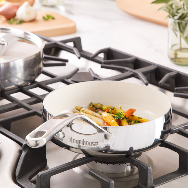 Gibson Home Bloomhouse 8 Inch Triply Stainless Steel Fry Pan W/ Non-Stick Non-Toxic Pro Ceramic Interior Frying Pan