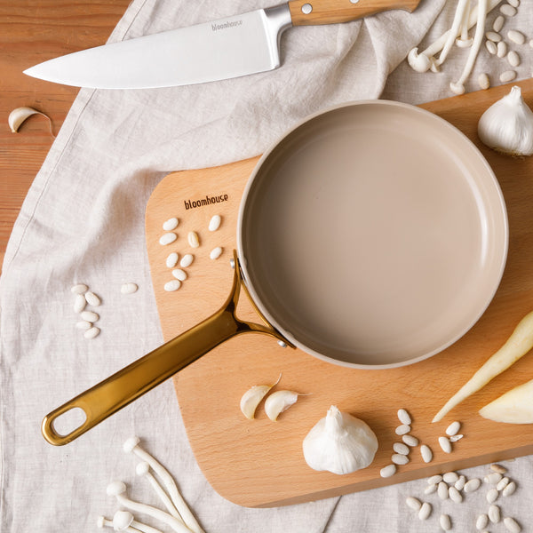 Gibson Home Bloomhouse 8 Piece Pots And Pans Heavy Duty Aluminum Premium PFA Free Ceramic Nonstick Dutch Oven Pot With Lid - Linen White With Gold Handle