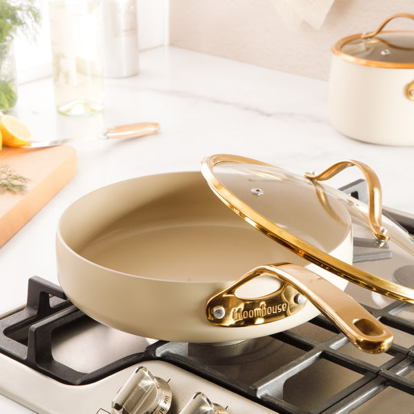 Gibson Home Bloomhouse 8 Piece Pots And Pans Heavy Duty Aluminum Premium PFA Free Ceramic Nonstick Dutch Oven Pot With Lid - Linen White With Gold Handle