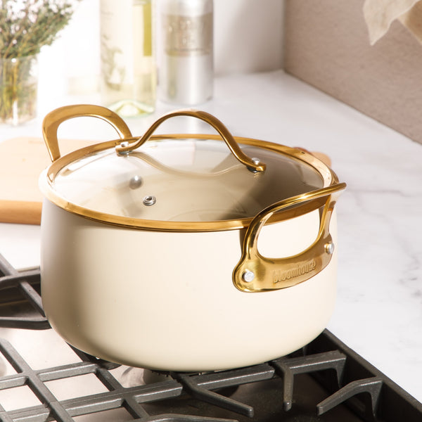 Gibson Home Bloomhouse 8 Piece Pots And Pans Heavy Duty Aluminum Premium PFA Free Ceramic Nonstick Dutch Oven Pot With Lid - Linen White With Gold Handle