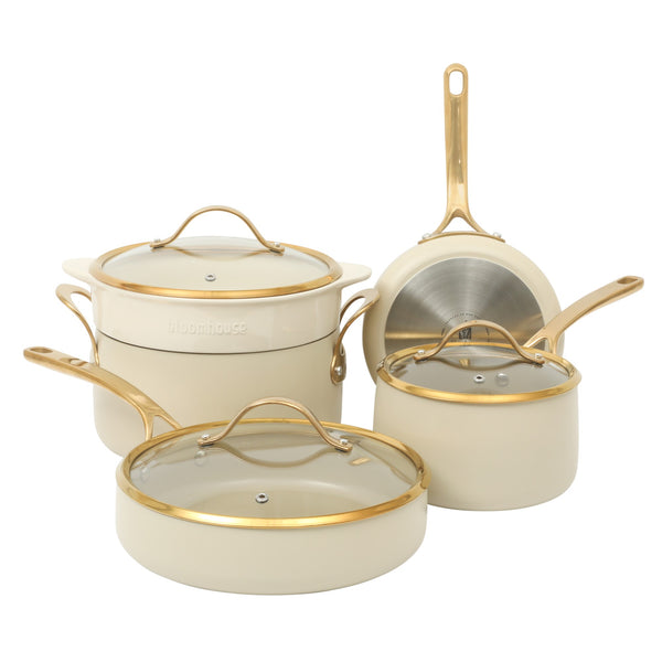 gibson home Bloomhouse 8 Piece Pots and Pans Heavy Duty Aluminum Premium PFA Free Ceramic Nonstick Dutch Oven Pot with Lid - Linen White with Gold Handle