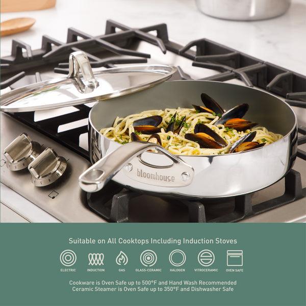 Gibson Home Bloomhouse 8 Piece Triply Stainless Steel Pots And Pans Cookware Set W/ Non Toxic Pro Ceramic Non Stick Interior