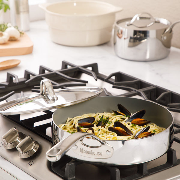 Gibson Home Bloomhouse 8 Piece Triply Stainless Steel Pots And Pans Cookware Set W/ Non Toxic Pro Ceramic Non Stick Interior