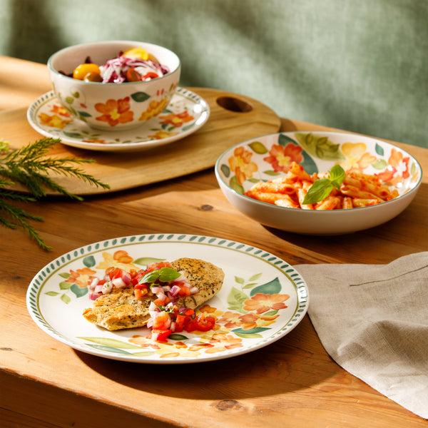 Gibson Home Bloomhouse Cassia Bud 16 Piece Double Bowl Hand Painted Stoneware Plates And Bowls Floral Dinnerware Set