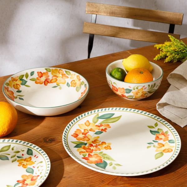 Gibson Home Bloomhouse Cassia Bud 16 Piece Double Bowl Hand Painted Stoneware Plates And Bowls Floral Dinnerware Set