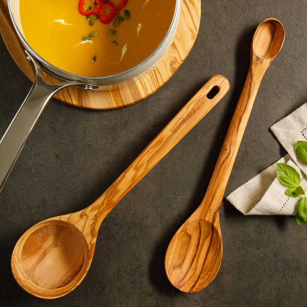 Gibson Home Bloomhouse Italian Olive Wood 2-Piece Extra-Large 14 Inch Ladle And Tasting Spoon Set