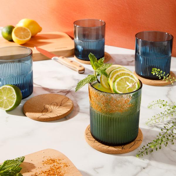 Gibson Home Bloomhouse Lyon Sky 8 Piece Hand Made 16 OZ Colored Glass Double Old Fashioned Set W/ Coasters