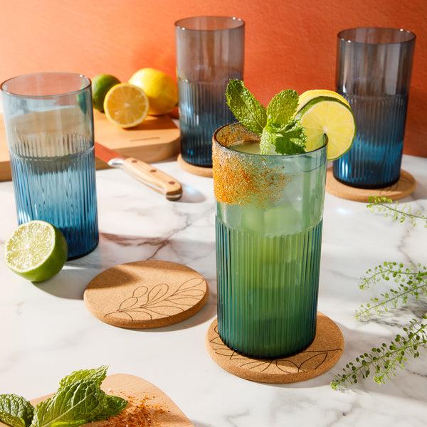 Gibson Home Bloomhouse Lyon Sky 8 Piece Hand Made 18 Oz Colored Glass Tumbler Set W/ Coasters