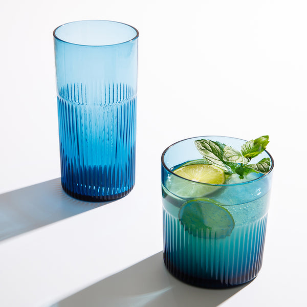 Gibson Home Bloomhouse Lyon Sky 8 Piece Hand Made 18 Oz Colored Glass Tumbler Set W/ Coasters