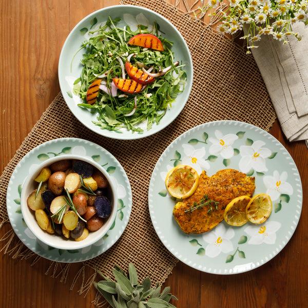 Gibson Home Bloomhouse Magnolia Bloom 16 Piece Double Bowl Hand Painted Stoneware Plates And Bowls Floral Dinnerware Set