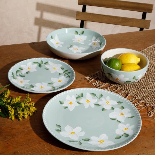 Gibson Home Bloomhouse Magnolia Bloom 16 Piece Double Bowl Hand Painted Stoneware Plates And Bowls Floral Dinnerware Set