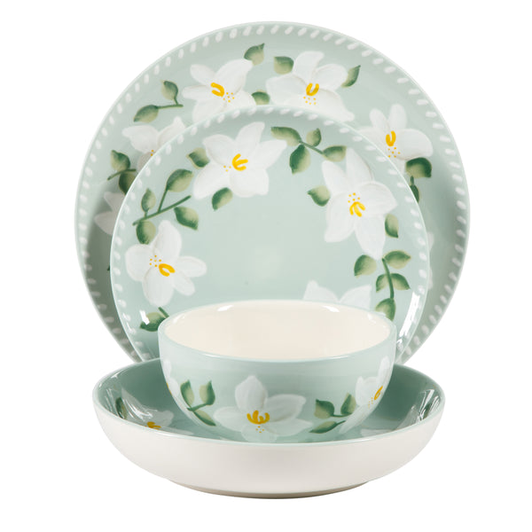 Gibson Home Bloomhouse Magnolia Bloom 16 Piece Double Bowl Hand Painted Stoneware Plates And Bowls Floral Dinnerware Set