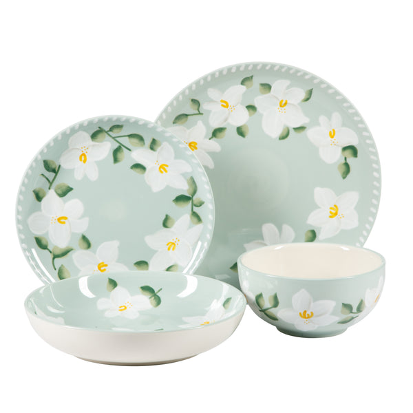 gibson home Bloomhouse Magnolia Bloom 16 Piece Double Bowl Hand Painted Stoneware Plates and Bowls Floral Dinnerware Set