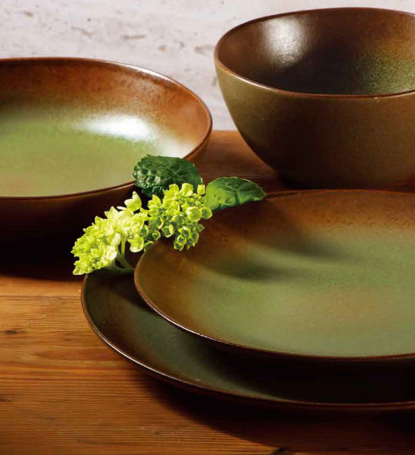 Gibson Home Bloomhouse Palermo Sun 16-Piece Double Bowl Stoneware Reactive Glaze Plates And Bowls Dinnerware Set