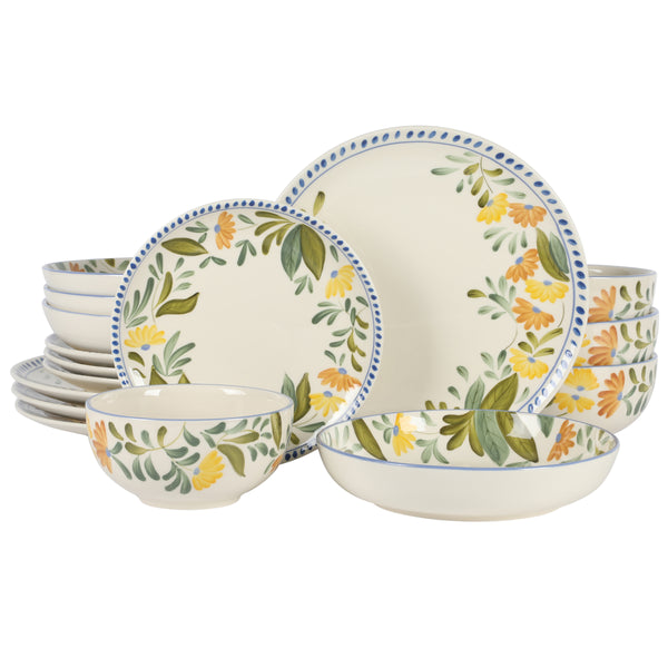 gibson home Bloomhouse Posy Blossom 16 Piece Double Bowl Hand Painted Stoneware Plates and Bowls Floral Dinnerware Set