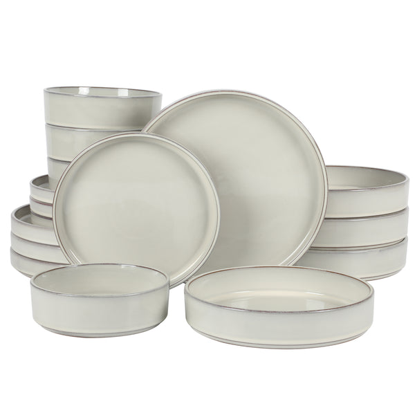 gibson home Bloomhouse Santorini Mist 16 Piece Double Bowl Terracotta Reactive Glaze Plates and Bowls Dinnerware Set - Moonstone White Amber Garnet Red or Jade