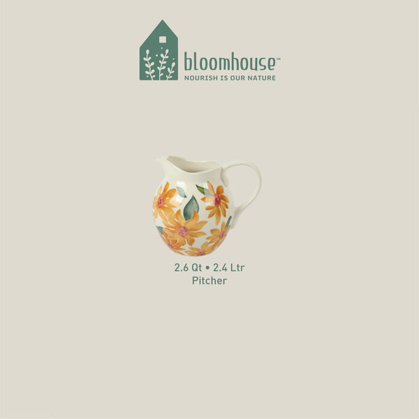 Gibson Home Bloomhouse Sunnyflower 2.6-Quart Hand-Painted Floral Stoneware Pitcher