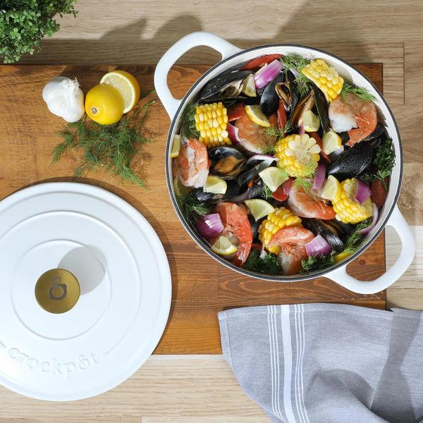 Gibson Home Crock Pot Artisan 6-Quart Round Dutch Oven - Matte Linen White W/Gold Knob Gradient Red Or Teal Ombre