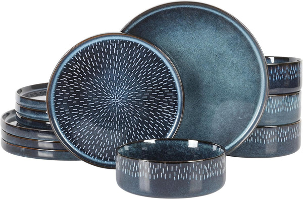 gibson home Gibson Elite 12 Piece Matisse Moderna Stoneware Reactive Glaze Dinnerware Set - Cobalt Blue