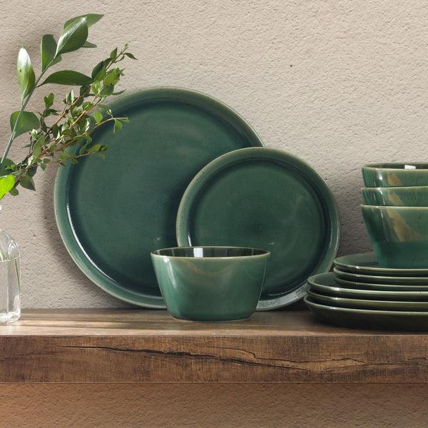 Gibson Home Gibson Elite 12 Piece (Service For 4) Fern Canyon Plates And Bowls Reactive Glaze Modern Coupe Round Dishes Stoneware Ceramic Dinnerware Set - Glossy Green