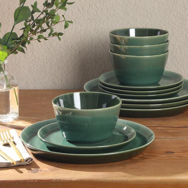 Gibson Home Gibson Elite 12 Piece (Service For 4) Fern Canyon Plates And Bowls Reactive Glaze Modern Coupe Round Dishes Stoneware Ceramic Dinnerware Set - Glossy Green