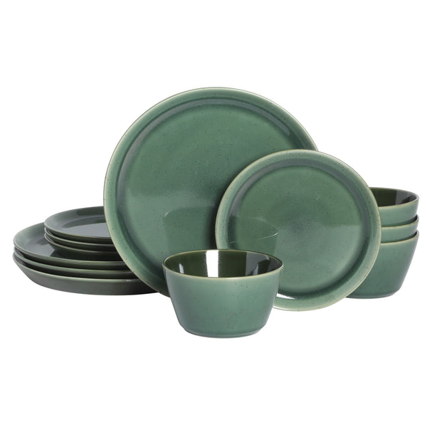gibson home Gibson Elite 12 Piece (Service for 4) Fern Canyon Plates and Bowls Reactive Glaze Modern Coupe Round Dishes Stoneware Ceramic Dinnerware Set - Glossy Green